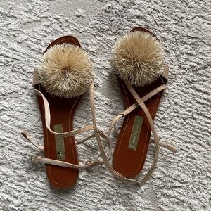 Zara Neutral Pom-Pom Wrap Sandals in Beige and Tan